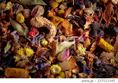 Mixture of dried medicinal herbs, flowers and roots. Mixture of dried medicinal herbs, flowers and roots. 137511345