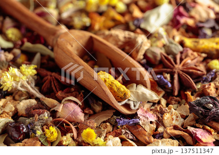 Mixture of dried medicinal herbs, flowers and roots. 137511347