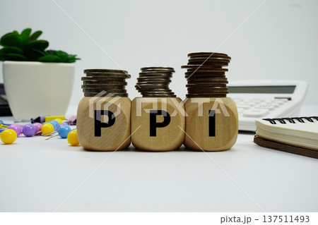 Stack of coins with wood blocks with "PPI (Producer Price Index)" Financial concept Stack of coins with wood blocks with "PPI (Producer Price Index)" Financial concept 137511493