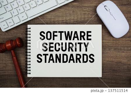 Software Security Standards text written with gavel, keyboard and optical mouse on wooden background 137511514
