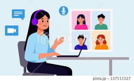 Woman wear headset lead video conference 137511527