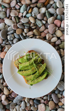 Toasted Bread With Vegetable Sauce Covered With Avocado, Greens And Spices On A Plate Over Sea Rocks Background Toasted Bread With Vegetable Sauce Covered With Avocado, Greens And Spices On A Plate Over Sea Rocks Background 137511561