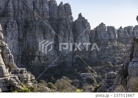 Exploring the rock formations and natural landscape at El Torcal in Spain during a clear day 137511667