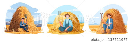 Farmer sitting hay stack. Agriculture worker rest on haystack, man in hat with pitchfork sit straw bale farm field harvest blue sky background scene cartoon set vector illustration 137511975