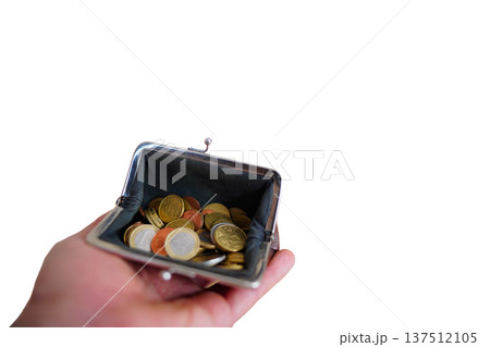 Coin purse in hand with Hong Kong dollars coins isolated on white background. Wallet with Hong Kong Coin purse in hand with Hong Kong dollars coins isolated on white background. Wallet with Hong Kong 137512105