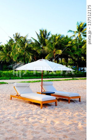 Tropical sand beach with palm trees on bright blue sky. Visitors relaxing on lounge chairs at sea 137512175
