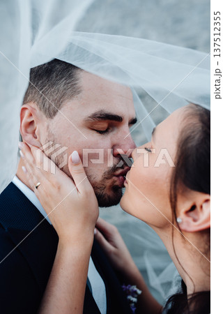 Young wedding couple kissing, standing outside near ruins. Young wedding couple kissing, standing outside near ruins. 137512355