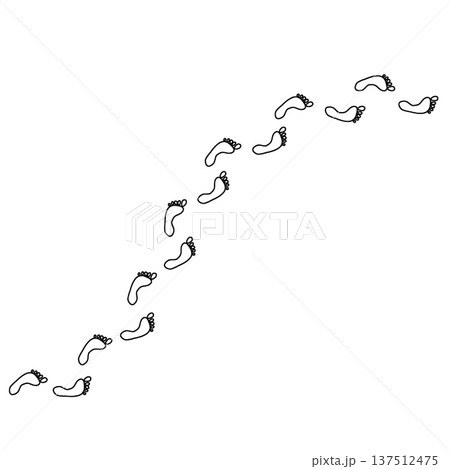 Bare foot track outline, human footprint trail wave path set on white background. Minimalist walking person steps, bare foot track design, simple body part shape. Footprint line art kit 137512475