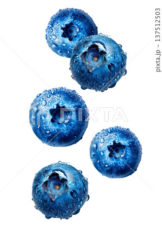 Close-up of fresh blueberries covered in water droplets, isolated on white background, concept of freshness and health 137512503