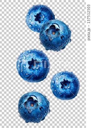 Close-up of fresh blueberries covered in water droplets, isolated on white background, concept of freshness and health 137512503