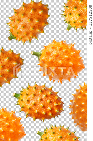 Multiple horned orange kiwano fruits with green tips isolated on white background, concept of exotic fruit freshness 137512509