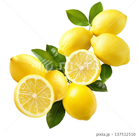 Juicy yellow lemons with green leaves and water drops, isolated on white background. Concept of freshness and citrus 137512510