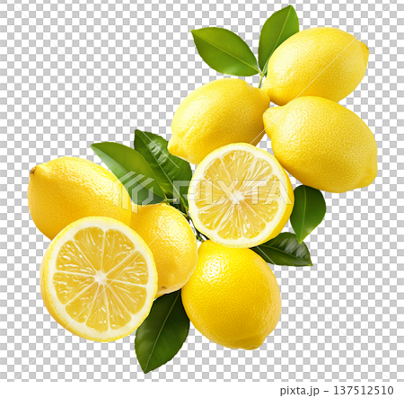 Juicy yellow lemons with green leaves and water drops, isolated on white background. Concept of freshness and citrus 137512510
