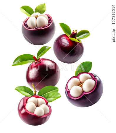 Whole and halved mangosteen fruits with green leaves isolated on white background, concept of tropical exotic fruits pattern Whole and halved mangosteen fruits with green leaves isolated on white background, concept of tropical exotic fruits pattern 137512514