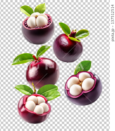 Whole and halved mangosteen fruits with green leaves isolated on white background, concept of tropical exotic fruits pattern Whole and halved mangosteen fruits with green leaves isolated on white background, concept of tropical exotic fruits pattern 137512514