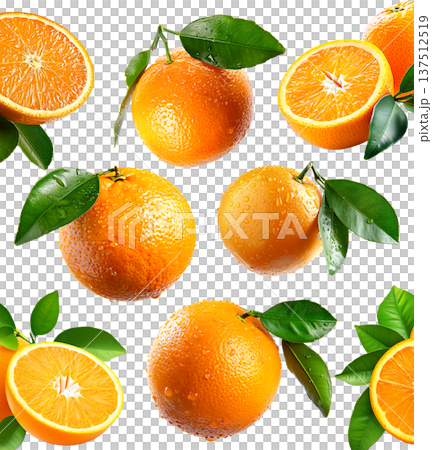 Whole and halved fresh oranges with green leaves, isolated on white background, concept of freshness and healthy food Whole and halved fresh oranges with green leaves, isolated on white background, concept of freshness and healthy food 137512519