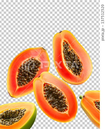 Multiple ripe papaya halves with dark seeds shown isolated on white background, representing a fresh tropical fruit concept Multiple ripe papaya halves with dark seeds shown isolated on white background, representing a fresh tropical fruit concept 137512520
