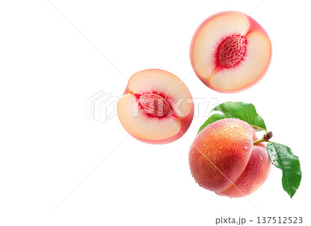 Whole and halved ripe peaches with green leaves and water droplets on white background, freshness and natural fruit concept Whole and halved ripe peaches with green leaves and water droplets on white background, freshness and natural fruit concept 137512523