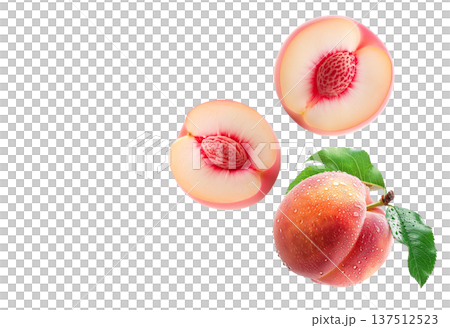 Whole and halved ripe peaches with green leaves and water droplets on white background, freshness and natural fruit concept Whole and halved ripe peaches with green leaves and water droplets on white background, freshness and natural fruit concept 137512523