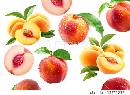 Whole and halved ripe peaches with green leaves and water droplets on white background, freshness and natural fruit concept Whole and halved ripe peaches with green leaves and water droplets on white background, freshness and natural fruit concept 137512524