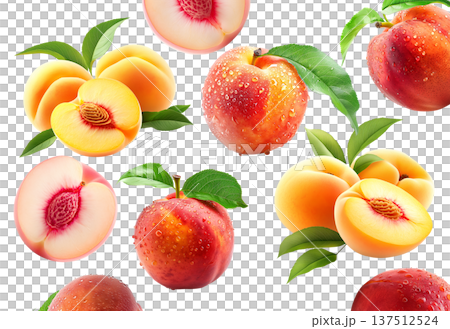 Whole and halved ripe peaches with green leaves and water droplets on white background, freshness and natural fruit concept Whole and halved ripe peaches with green leaves and water droplets on white background, freshness and natural fruit concept 137512524