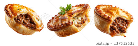Australia meat pie with minced beef and gravy and crisp flaky crust isolated on white background. Concept of homemade comfort food 137512533