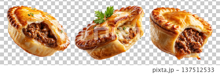 Australia meat pie with minced beef and gravy and crisp flaky crust isolated on white background. Concept of homemade comfort food 137512533