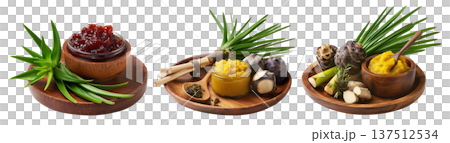 Pandanus fruit paste in wooden bowl with fresh pandanus leaves and fruit on wooden plate, isolated on white transparent background Pandanus fruit paste in wooden bowl with fresh pandanus leaves and fruit on wooden plate, isolated on white transparent background 137512534