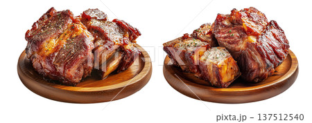 Asado grilled barbecue bee ribs steak with charred grill marks and pepper flakes, isolated on white background Asado grilled barbecue bee ribs steak with charred grill marks and pepper flakes, isolated on white background 137512540