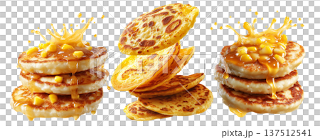 Cachapas sweet corn pancakes flying in air, isolated on white background, concept of South American cuisine Cachapas sweet corn pancakes flying in air, isolated on white background, concept of South American cuisine 137512541