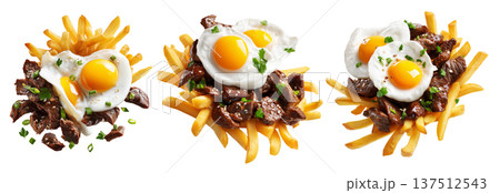 Chorillana beef fried with eggs garnished and herbs, street food isolated on white background. South American Cuisine 137512543