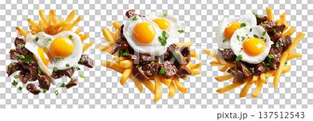 Chorillana beef fried with eggs garnished and herbs, street food isolated on white background. South American Cuisine 137512543