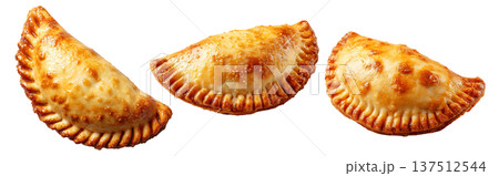 Argentina and Uruguay empanadas stacked in a pyramid, golden baked crust, meat and potato filling, isolated on white background 137512544