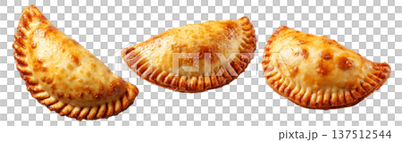 Argentina and Uruguay empanadas stacked in a pyramid, golden baked crust, meat and potato filling, isolated on white background 137512544