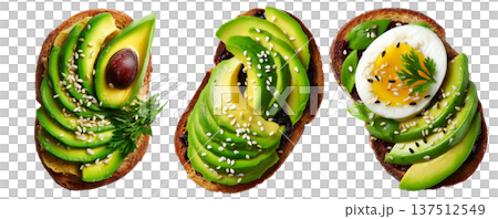 California avocado toast topped with ripe avocado slices, boiled egg, sesame seeds, herbs and sauce, isolated on white background 137512549