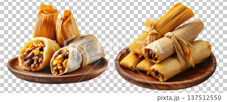 Assorted Mexican tamales with meat, rice, and corn filling wrapped in corn husks on wooden plate, isolated on white background Assorted Mexican tamales with meat, rice, and corn filling wrapped in corn husks on wooden plate, isolated on white background 137512550