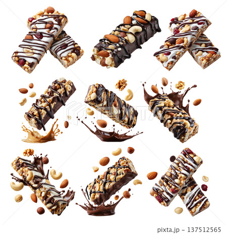 Chocolate coated nut protein energy fitness bar topped with almonds, cashews, walnuts, and chocolate drizzle on white Chocolate coated nut protein energy fitness bar topped with almonds, cashews, walnuts, and chocolate drizzle on white 137512565