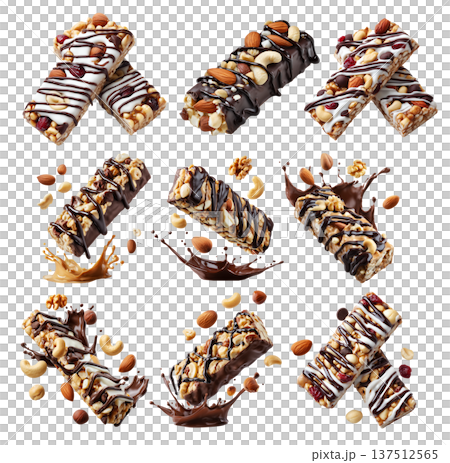 Chocolate coated nut protein energy fitness bar topped with almonds, cashews, walnuts, and chocolate drizzle on white Chocolate coated nut protein energy fitness bar topped with almonds, cashews, walnuts, and chocolate drizzle on white 137512565