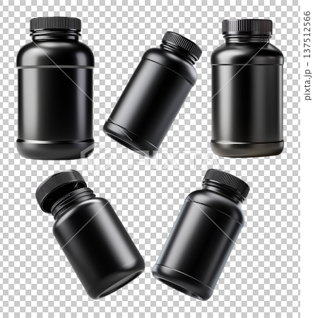 Black plastic pill or supplement container with screw cap on white background, concept of packaging and product branding 137512566