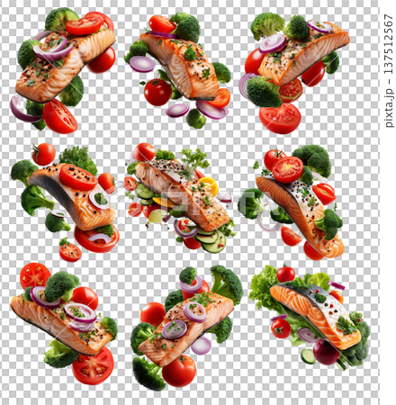 Grilled salmon fillet with tomato, broccoli, and onion, isolated on white background, concept of healthy food Grilled salmon fillet with tomato, broccoli, and onion, isolated on white background, concept of healthy food 137512567