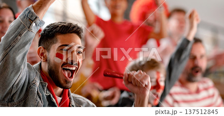 Excited football fans supproting Austrian national team in live soccer match at stadium. 137512845