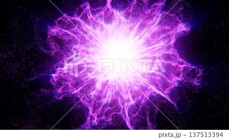 Bright violet energy burst radiating electric glowing particles 137513394
