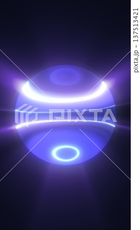Glowing futuristic orb emitting soft purple and white light, levitating in dark space with reflective rings of energy 137513421