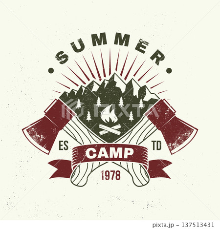 Summer Camp. Vector illustration. Concept for shirt or logo, print, stamp or tee. Vintage typography design with axe, campfire, forest and mountain silhouette. Camping quote. 137513431