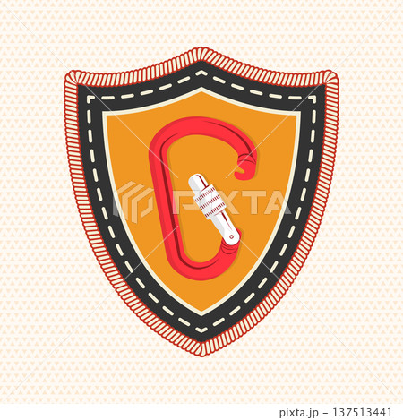 Scout badge with Red climbing carabiner for Camping. Vector. Merit patch, sticker for camping outdoor and academic activities Scout badge with Red climbing carabiner for Camping. Vector. Merit patch, sticker for camping outdoor and academic activities 137513441