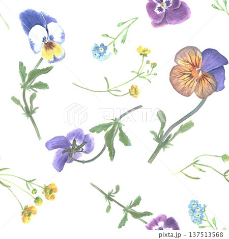 A seamless, vibrant floral pattern featuring pansies and saffron flowers, hand-painted in watercolor on an isolated background. Botanical clip art for fabric, wallpaper, and banner design. A seamless, vibrant floral pattern featuring pansies and saffron flowers, hand-painted in watercolor on an isolated background. Botanical clip art for fabric, wallpaper, and banner design. 137513568
