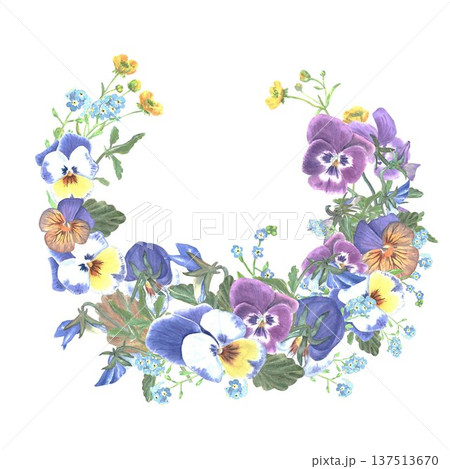 Beautiful wreath with blue, burgundy, orange pansies and wildflowers hand drawn with watercolor on isolated background, clip art spring botanical illustration with place for text for design Beautiful wreath with blue, burgundy, orange pansies and wildflowers hand drawn with watercolor on isolated background, clip art spring botanical illustration with place for text for design 137513670