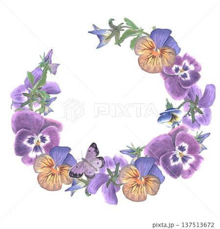 Beautiful wreath with burgundy, orange pansies and butterflies hand drawn in watercolor on isolated background, spring botanical illustration clip art with space for text for design and decoration. 137513672