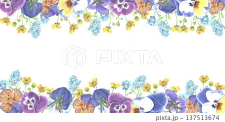 Beautiful rectangular horizontal frame with blue, maroon, orange pansies hand painted in watercolor on isolated background, simple clip art spring botanical illustration for design and decoration. Beautiful rectangular horizontal frame with blue, maroon, orange pansies hand painted in watercolor on isolated background, simple clip art spring botanical illustration for design and decoration. 137513674