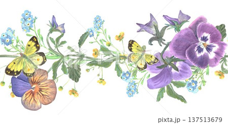 Beautiful horizontal seamless border with blue, maroon, orange pansies and butterfly hand painted in watercolor on isolated background, simple clip art spring botanical illustration for design. Beautiful horizontal seamless border with blue, maroon, orange pansies and butterfly hand painted in watercolor on isolated background, simple clip art spring botanical illustration for design. 137513679
